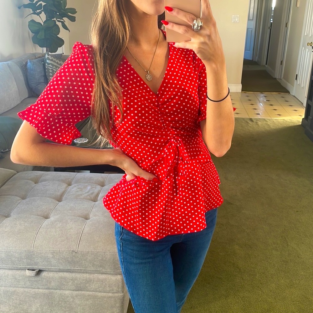 Monteau Red & White Polka Dot Short Sleeve Flowy Blouse